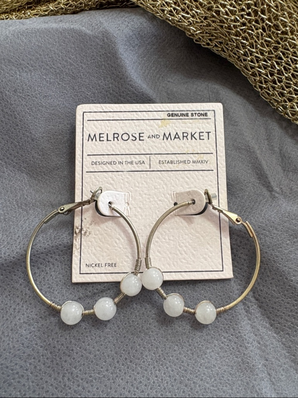Melrose and Market Gold Hoop Earrings White Crystal Stone Spheres NEW
